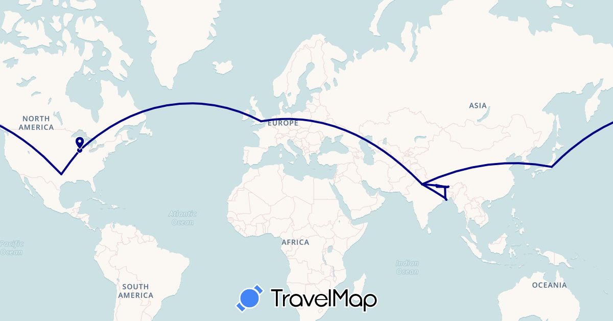 TravelMap itinerary: driving in Bhutan, United Kingdom, India, Japan, Nepal, United States (Asia, Europe, North America)
